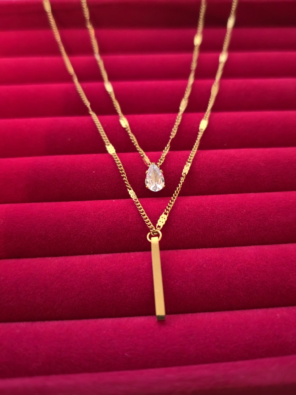 Gold Tone Layered Bar & Teardrop Pendant Necklace -‎ Women Jewelry